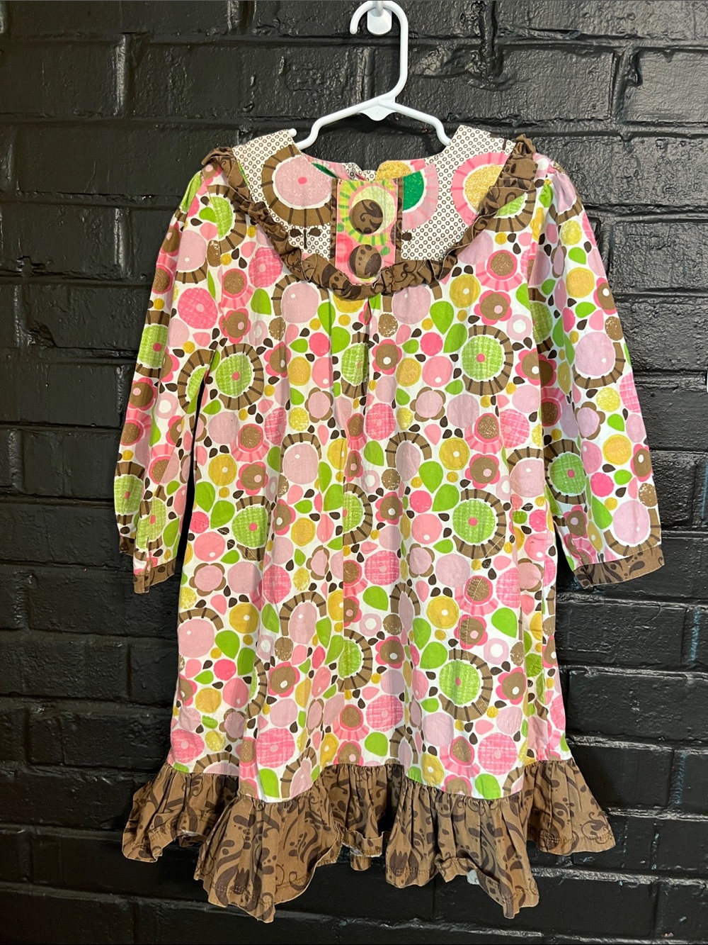 Jelly The Pug Pink Green Brown Floral Circle Print Kids Dress